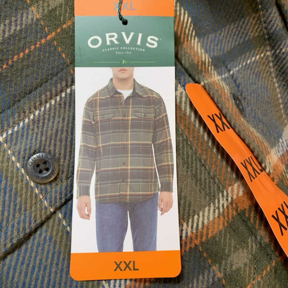 Orvis Shacket Heavyweight Gorpcore Olive Plaid Flannel Button Up  Size XXL NWT